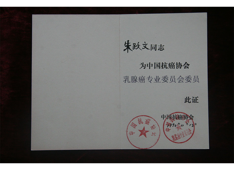 #个人荣誉1990年11月12日朱耀文为中国抗癌协会乳腺癌专业委员会委员