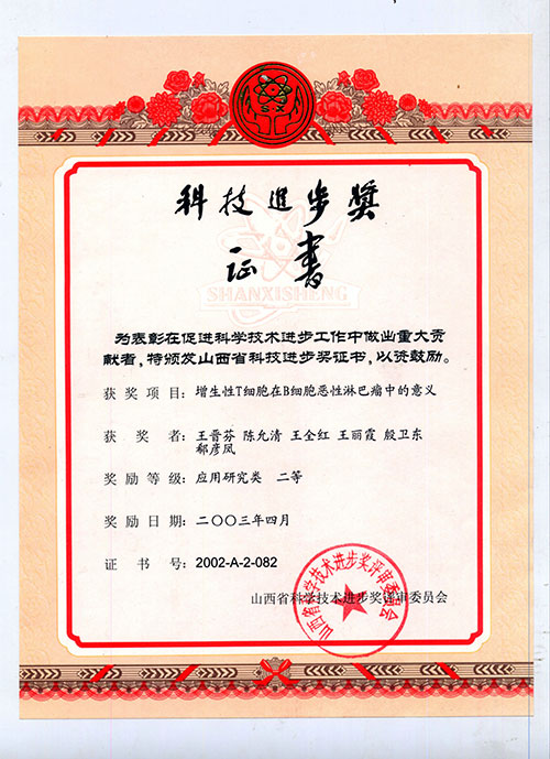 省级个人荣誉2003年4月王晋芬获科技进步奖应用研究类2等奖